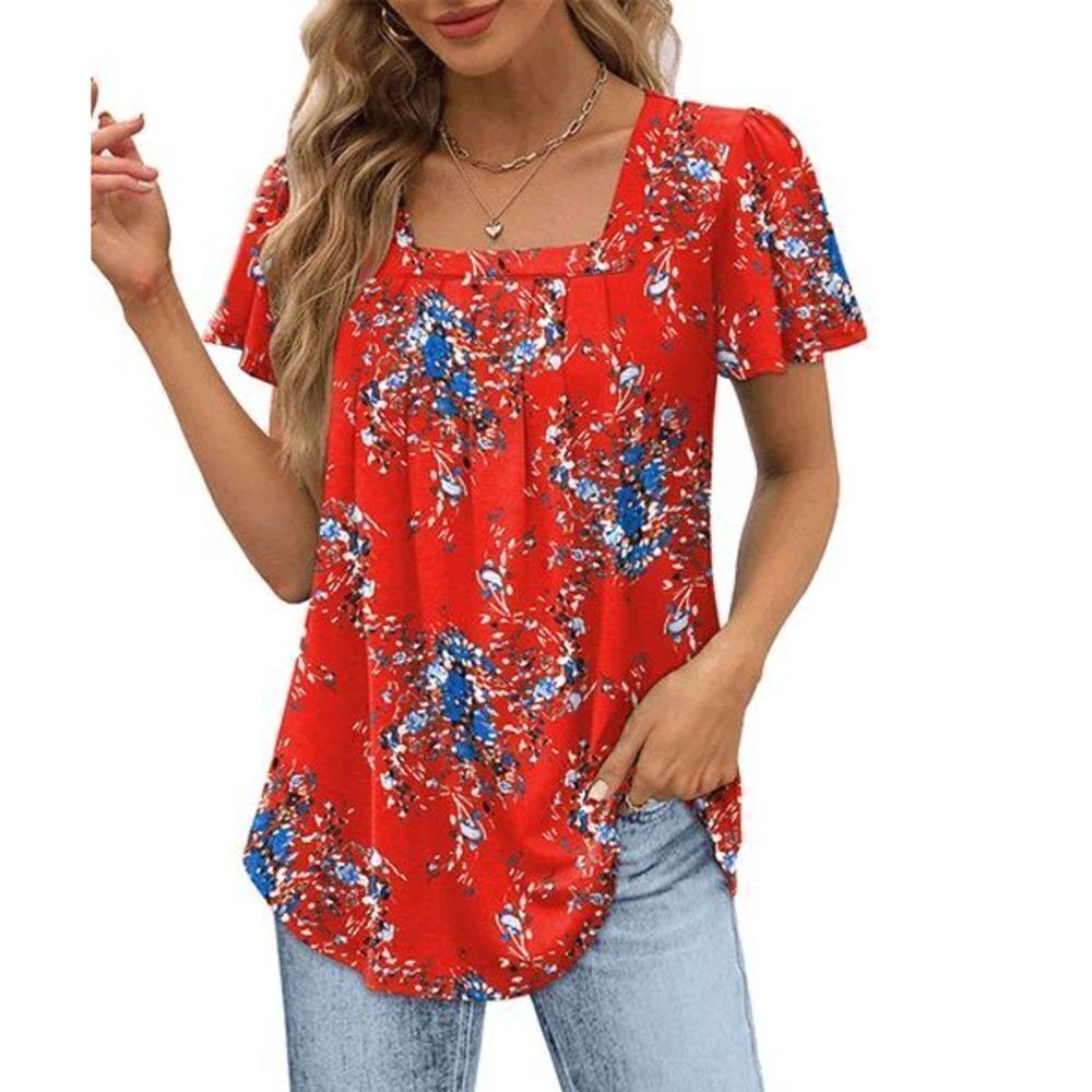 Women's Red & Blue Floral Pleated Square Neck Short Sleeve Top M